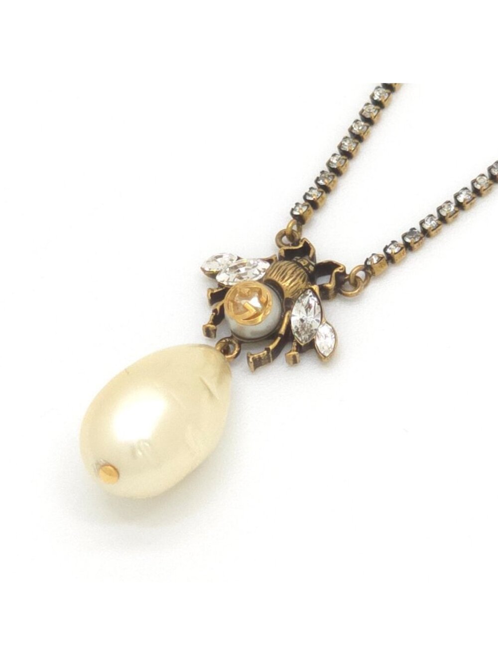 Gucci Be Drop Pearl Crystal Necklace Neck Gold Tone Metal Aging Finish